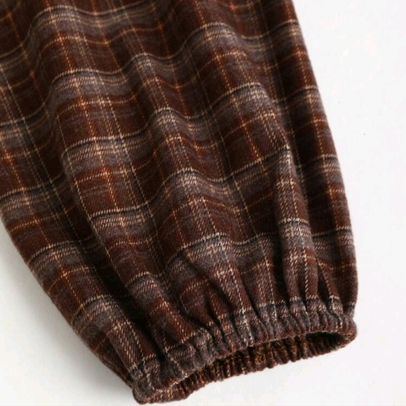 Women's Vintage Elegant Plaid Bow Tie Waist Slim Fit Lantern Sleeve Blouse - Picture 3 of 5